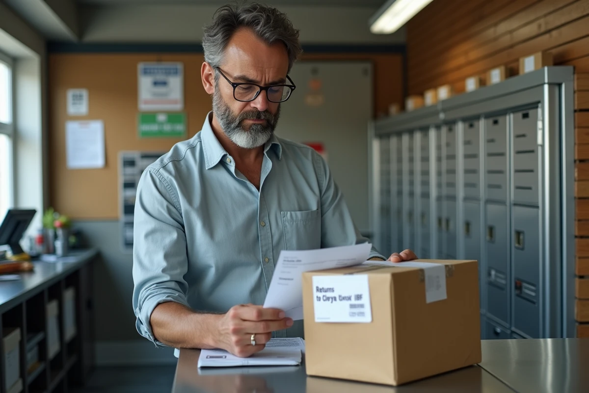 Homme au bureau de poste vérifiant un reçu d