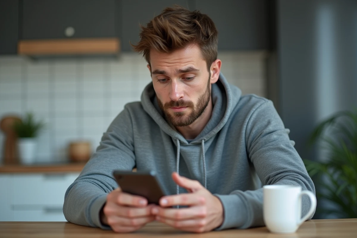 Jeune homme hésitant avant de cliquer sur un lien suspect sur son smartphone dans une cuisine