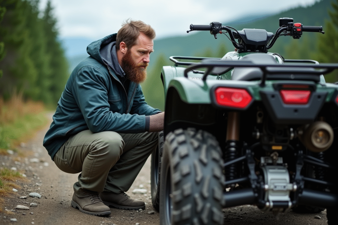 Homme d'âge moyen examinant un quad en pleine nature