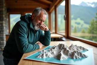 Homme examinant une carte 3D des Alpes françaises