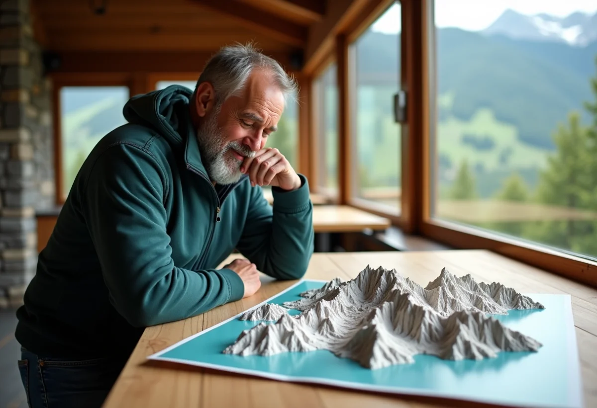 Homme examinant une carte 3D des Alpes françaises