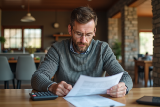 Homme d'âge moyen examine documents d'impôts fonciers