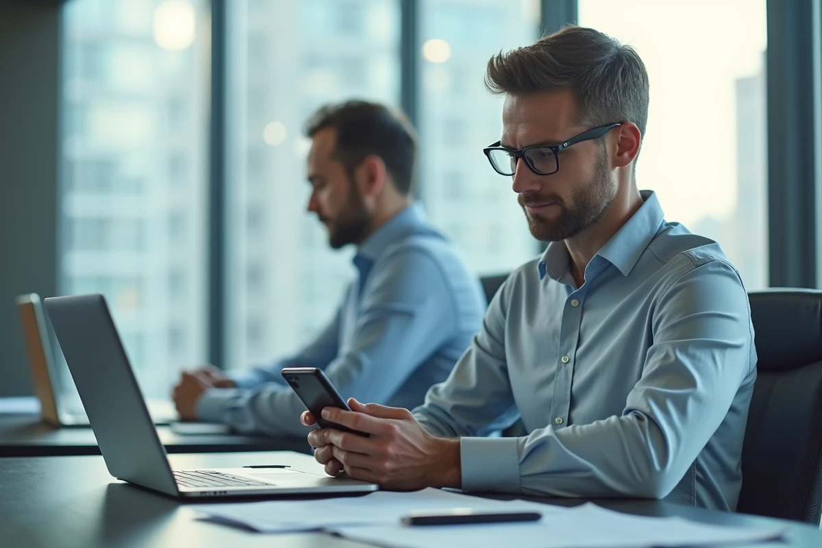 Homme en bureau moderne utilisant son smartphone pour scanner