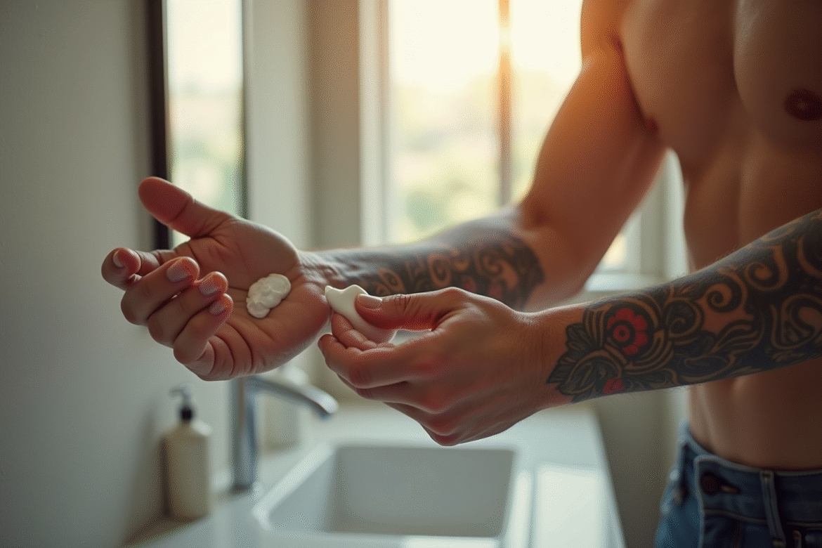 Bras d'homme tatoué en train d'être hydraté avec lotion