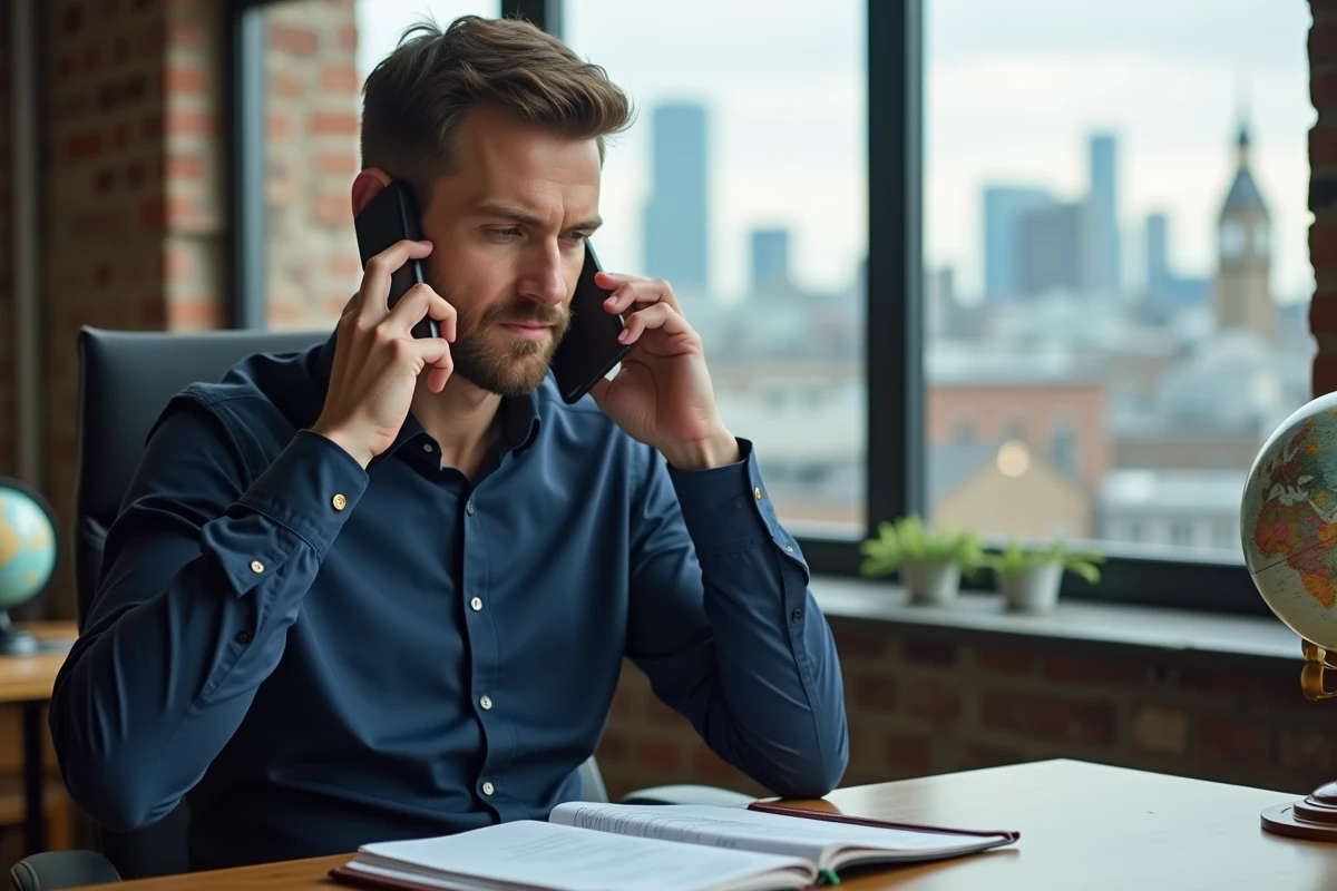 Homme britannique composant un indicatif international +44 sur son smartphone dans un bureau londonien avec vue sur la ville