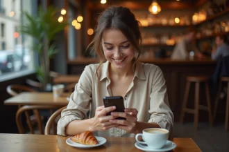 Jeune femme parisienne inscrite sur une application de sorties sociales OVS depuis un café, smartphone en main