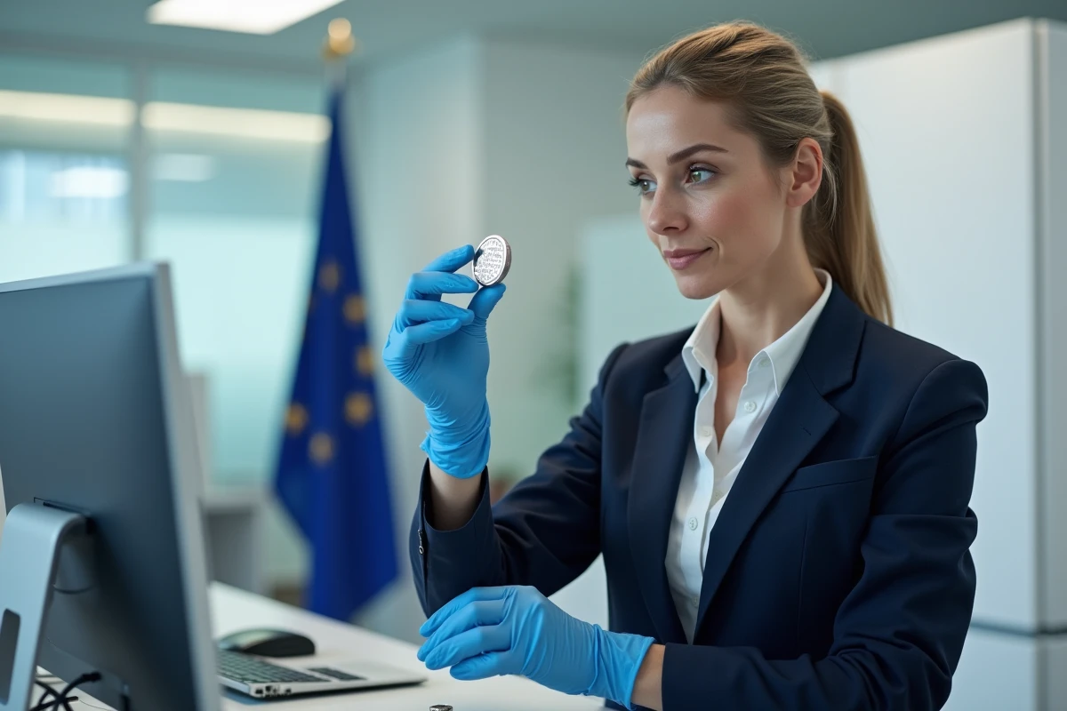 Inspectrice officielle examinant un lingot d'argent avec poinçon étranger dans un bureau administratif
