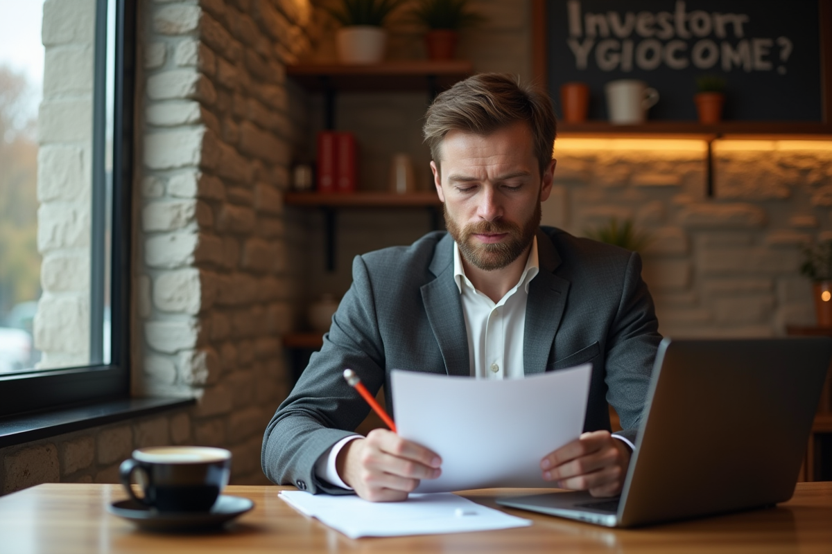 Investisseur confiant analysant des documents dans un café