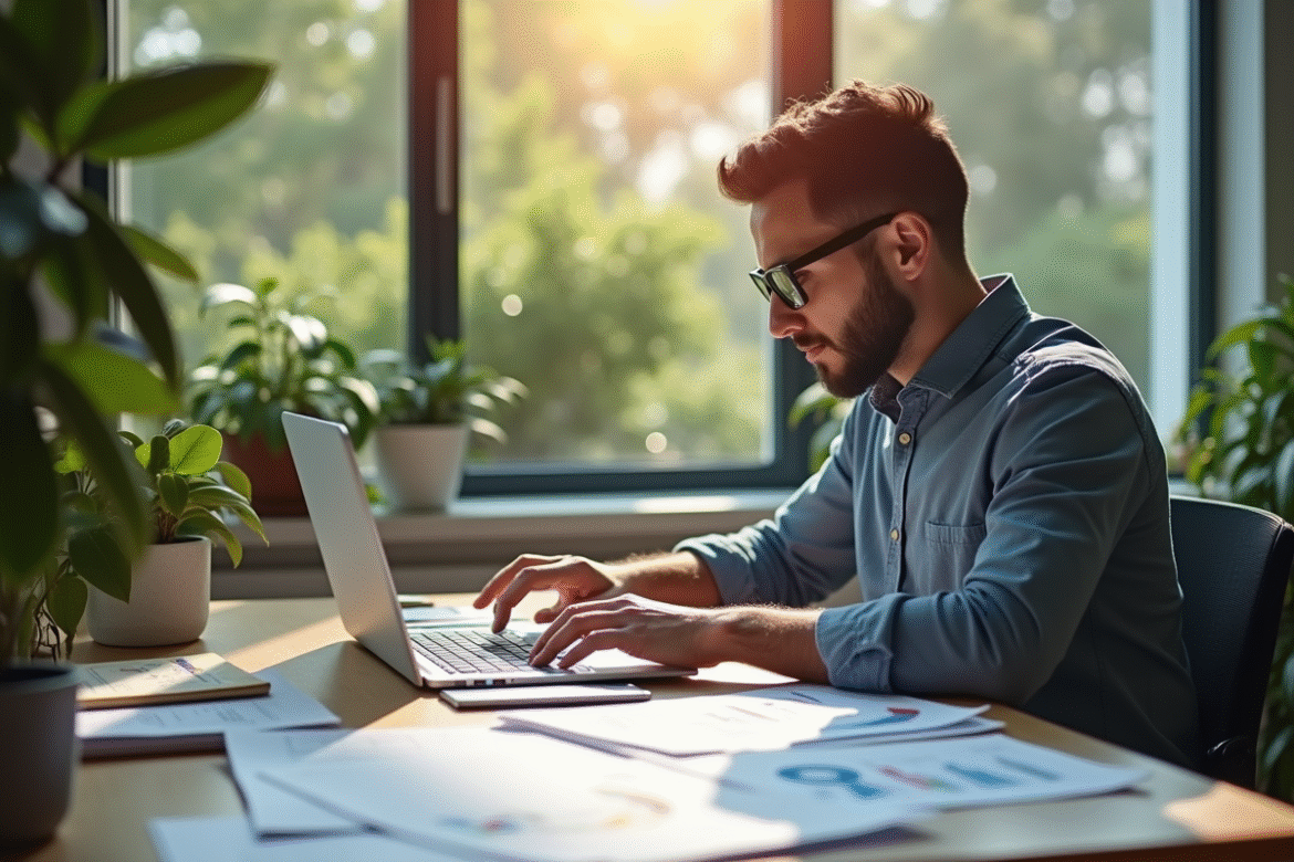 Jeune entrepreneur dans un bureau lumineux avec graphiques et plantes