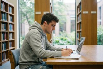 Jeune étudiant en étude universitaire avec ordinateur portable