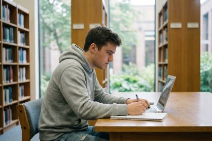 Jeune étudiant en étude universitaire avec ordinateur portable