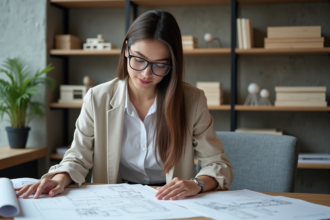 Jeune femme architecte examine des plans dans un bureau moderne