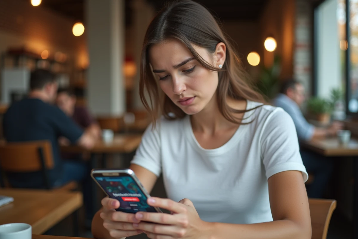 Jeune femme en café regardant avec méfiance une arnaque sur son smartphone liée à un jeu mobile