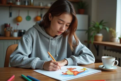 Jeune femme dessinant un Charizard dans sa cuisine cosy