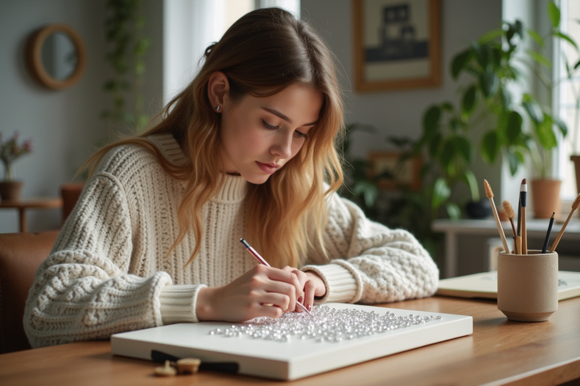 Jeune femme concentrée sur une peinture de diamants dans un salon lumineux
