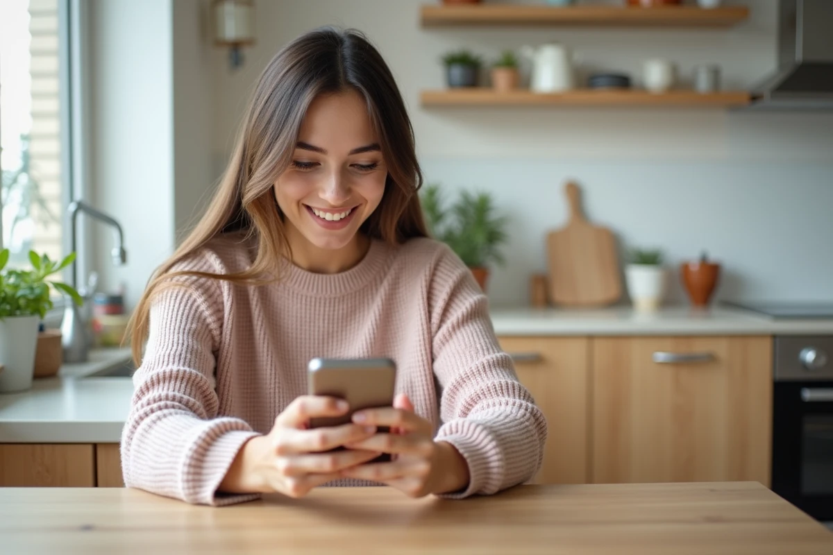 Jeune femme souriante édite une story Instagram avec GIFs