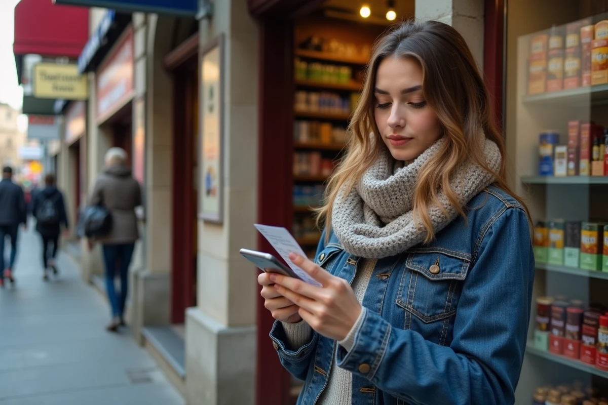 Jeune femme vérifie le prix du tabac devant un bureau de tabac en ville