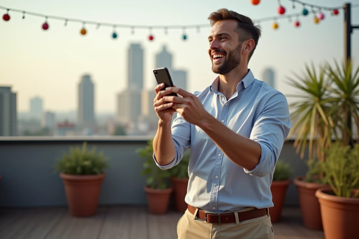 Jeune homme filme une story Instagram sur un rooftop urbain