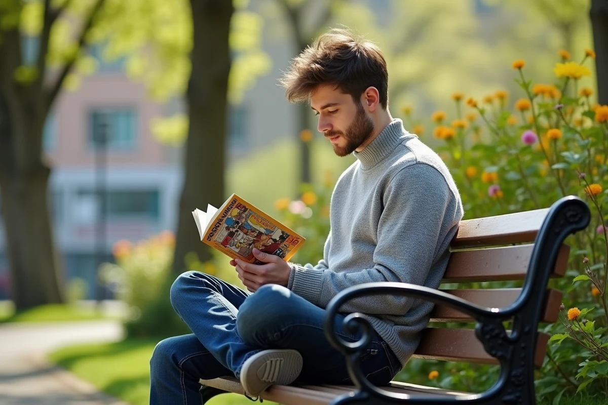 Jeune homme lisant manga dans un parc urbain