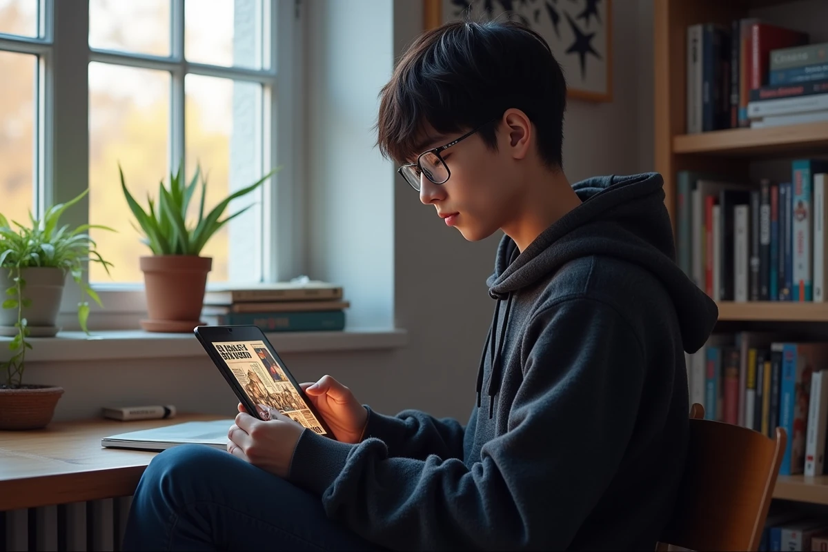 Jeune homme lisant manga Black Clover sur tablette dans sa chambre