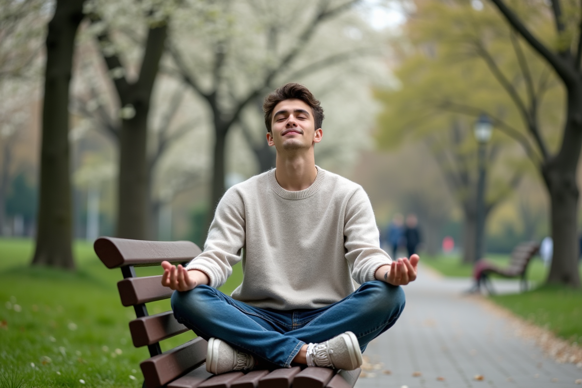 Jeune homme méditant sur un banc dans un parc urbain