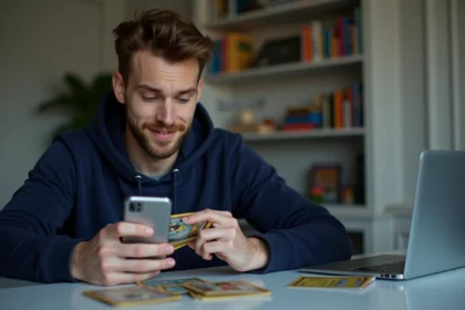 Jeune homme avec cartes Pokémon et smartphone à la maison