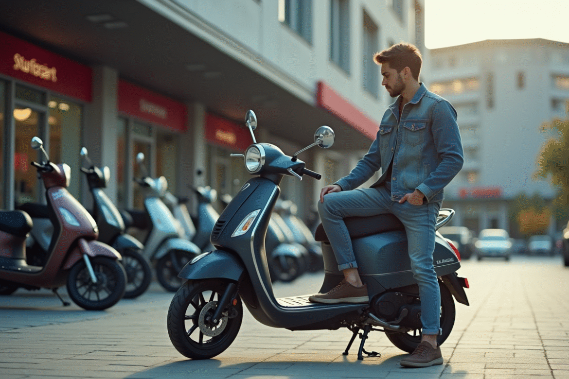 Jeune homme examine un scooter 50 cc en ville