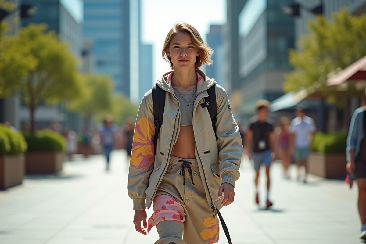 Jeune modèle de streetwear urbain défilant en ville