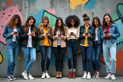 Groupe de jeunes devant un mur graffiti urbain