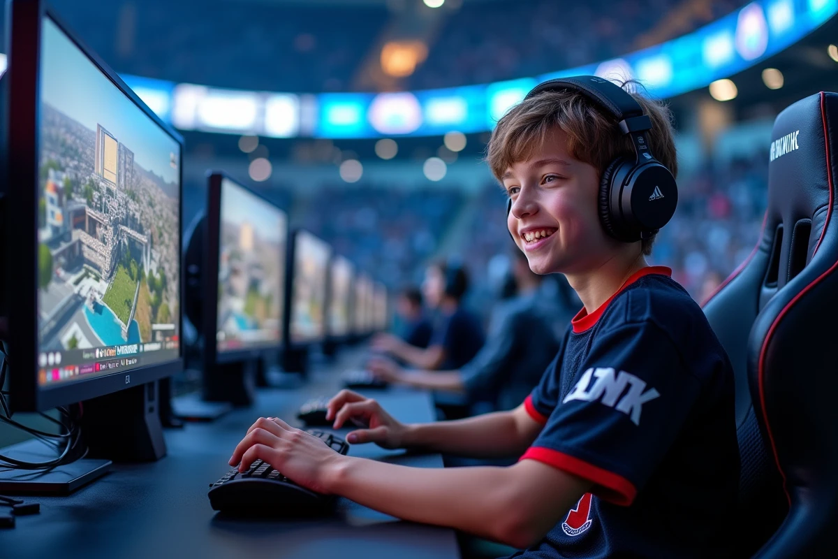 Joueur de Fortnite en compétition dans une arène d'esport professionnelle avec setup gaming de tournoi
