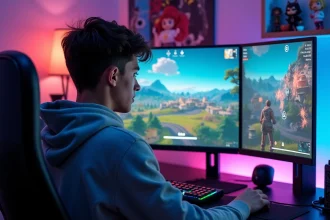 Jeune joueur concentré devant un écran de jeu Fortnite dans une chambre gaming avec périphériques RGB