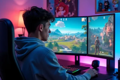 Jeune joueur concentré devant un écran de jeu Fortnite dans une chambre gaming avec périphériques RGB