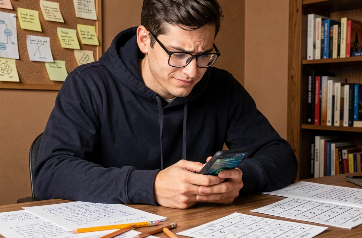 Joueur adulte concentré résolvant un niveau du jeu mobile Rooms and Exits avec des notes manuscrites sur un bureau en bois