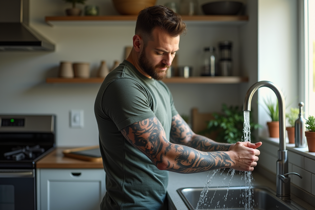 Homme lavant son bras tatoué sous l