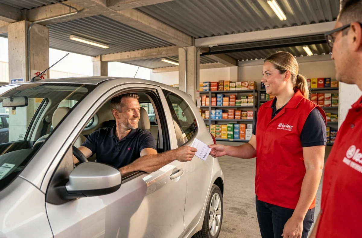 Client remettant son bon de commande à un employé du drive Leclerc Senlis