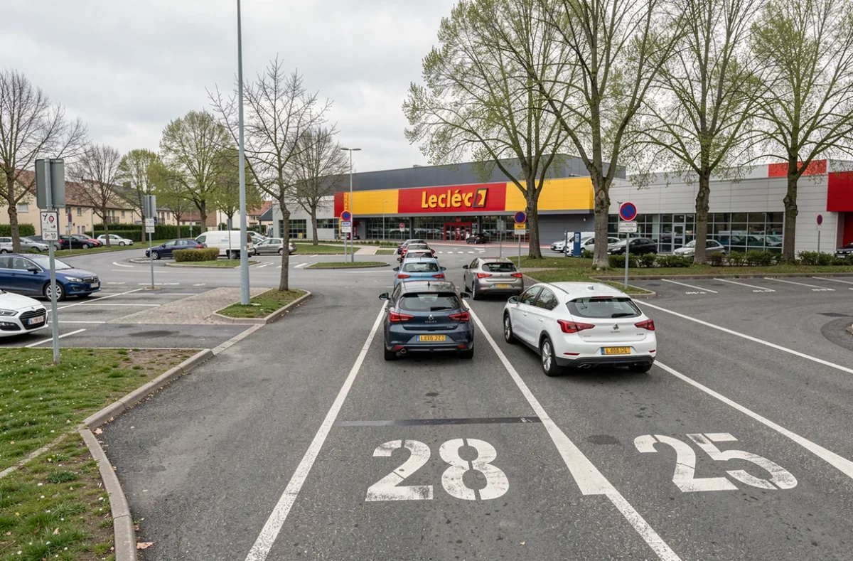Vue extérieure du drive Leclerc Senlis avec file de voitures dans les allées numérotées
