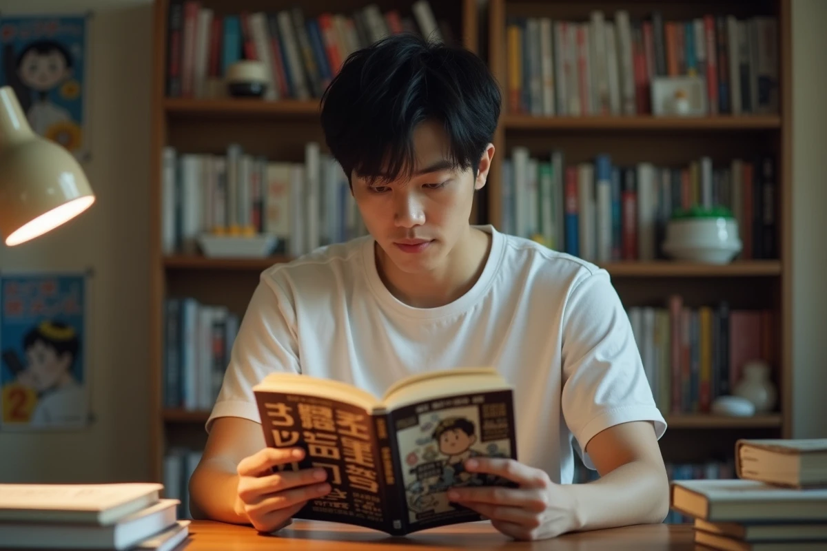Jeune homme lisant un manga One Punch Man assis à son bureau dans une chambre décorée de posters d'anime