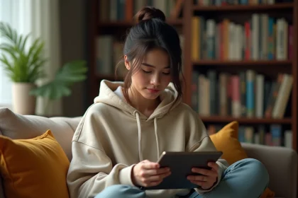 Jeune femme lisant des mangas sur une tablette dans un appartement cosy avec des étagères remplies de volumes manga