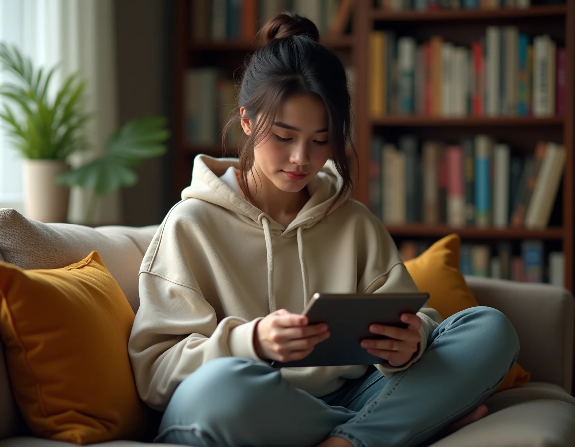 Jeune femme lisant des mangas sur une tablette dans un appartement cosy avec des étagères remplies de volumes manga