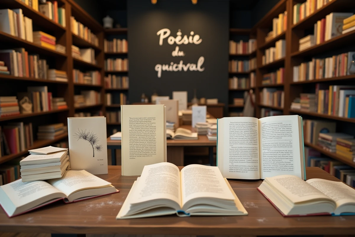 Table de librairie indépendante présentant des recueils de poésie des éditions ACALA avec décor chaleureux