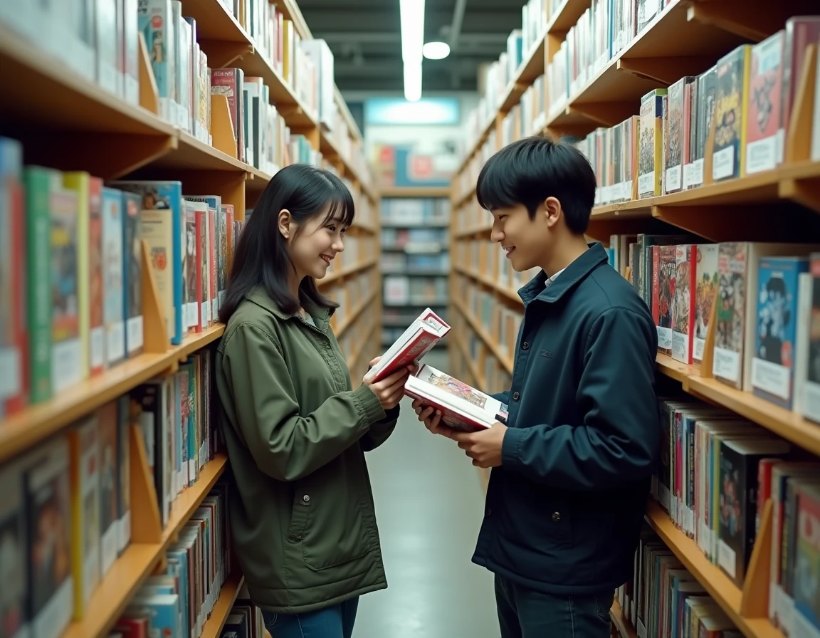 Deux jeunes adultes comparant des volumes de manga physiques dans une librairie spécialisée avec des rayonnages remplis de mangas