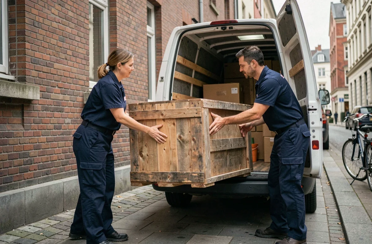 Deux livreurs déchargeant une grande caisse en bois d'un camion de livraison en milieu urbain
