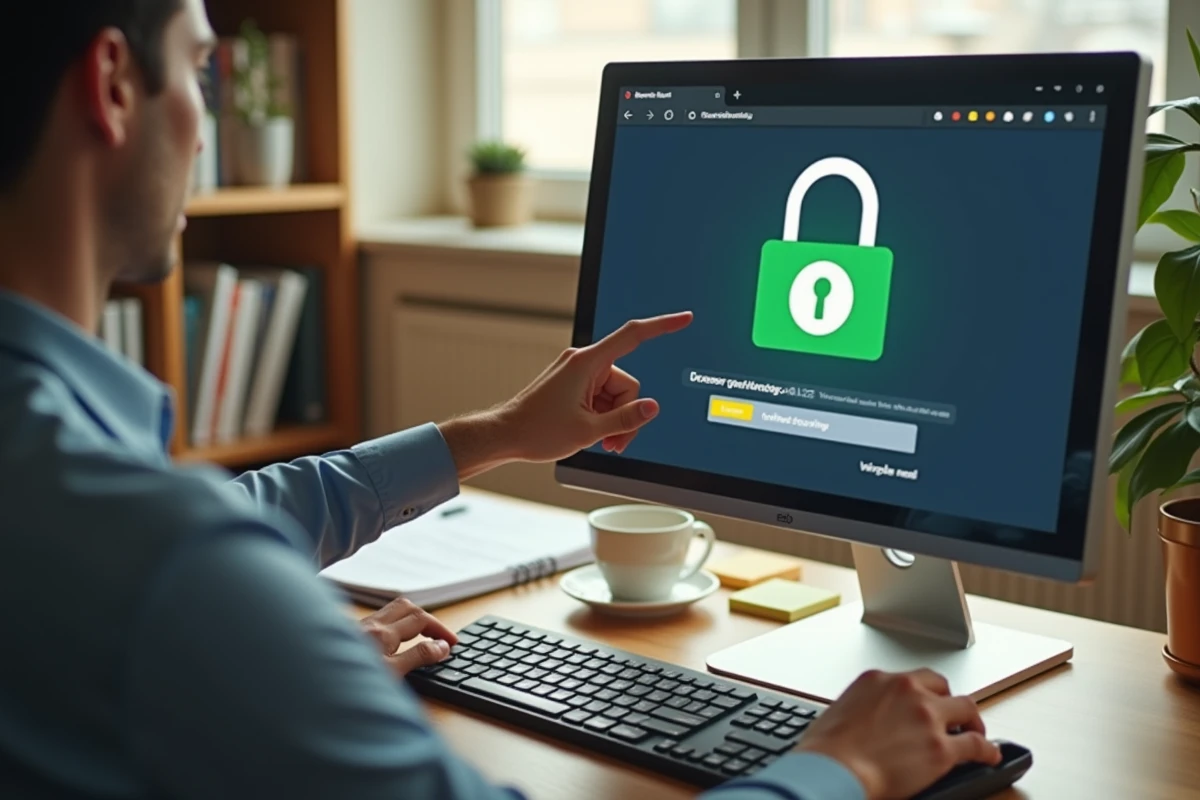 Mains d'un professionnel vérifiant un lien sécurisé avec cadenas vert sur un écran d'ordinateur de bureau