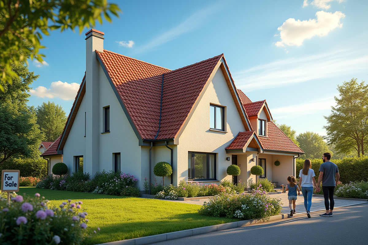 Maison en vente avec famille dans le jardin ensoleille