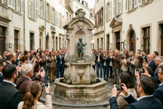 Statue du Manneken Pis entourée de touristes dans une ruelle pavée du centre historique de Bruxelles