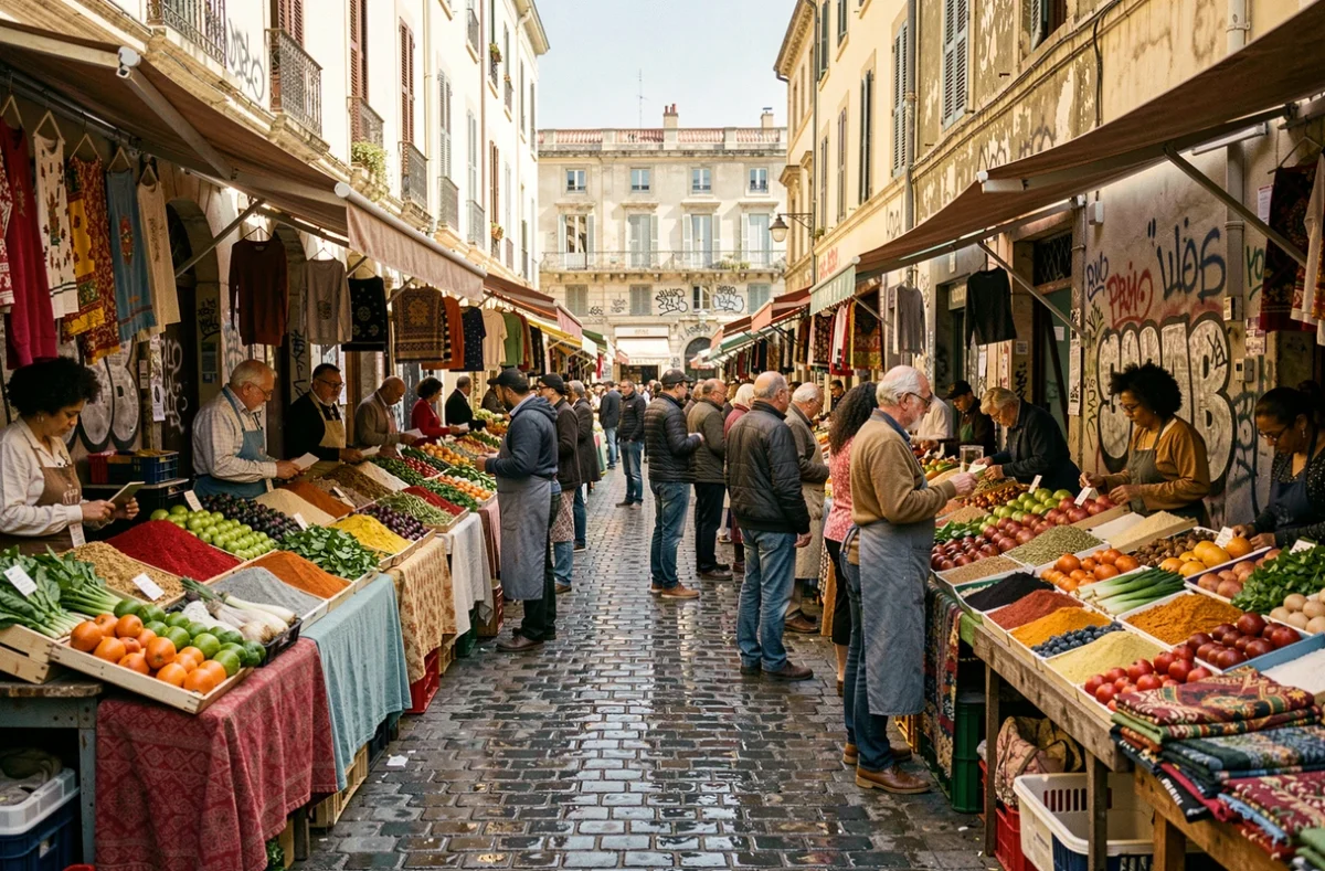 Marché de plein air animé dans un quartier populaire de Marseille avec commerçants et habitants