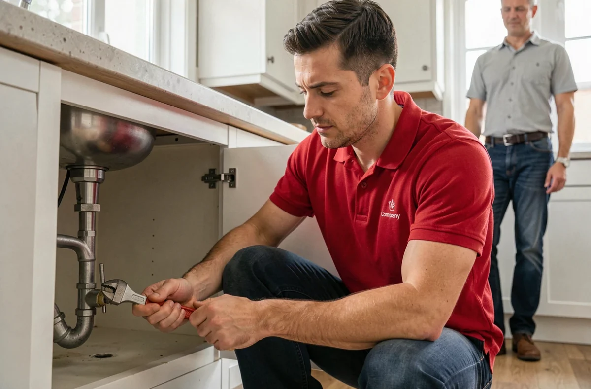 Plombier de Mariaud Services réparant la tuyauterie sous un évier de cuisine moderne en présence du client