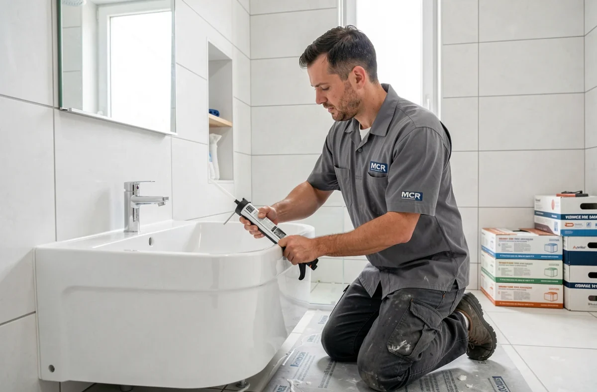 Plombier MCR posant un lavabo en céramique et appliquant du silicone lors d'une rénovation de salle de bain au Havre