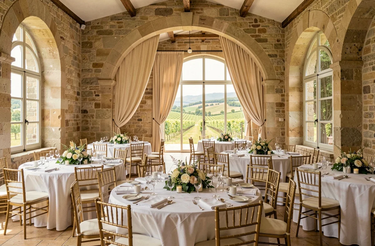 Salle de réception élégante en Auvergne-Rhône-Alpes avec tables dressées et vue sur la campagne
