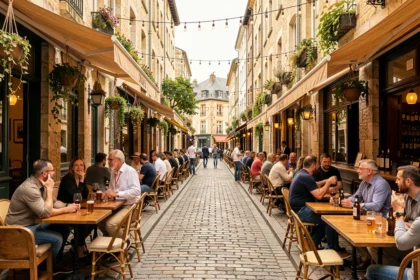 Une ruelle animée d'Angers avec des bars en terrasse, des clients attablés et une atmosphère conviviale typique du Maine-et-Loire